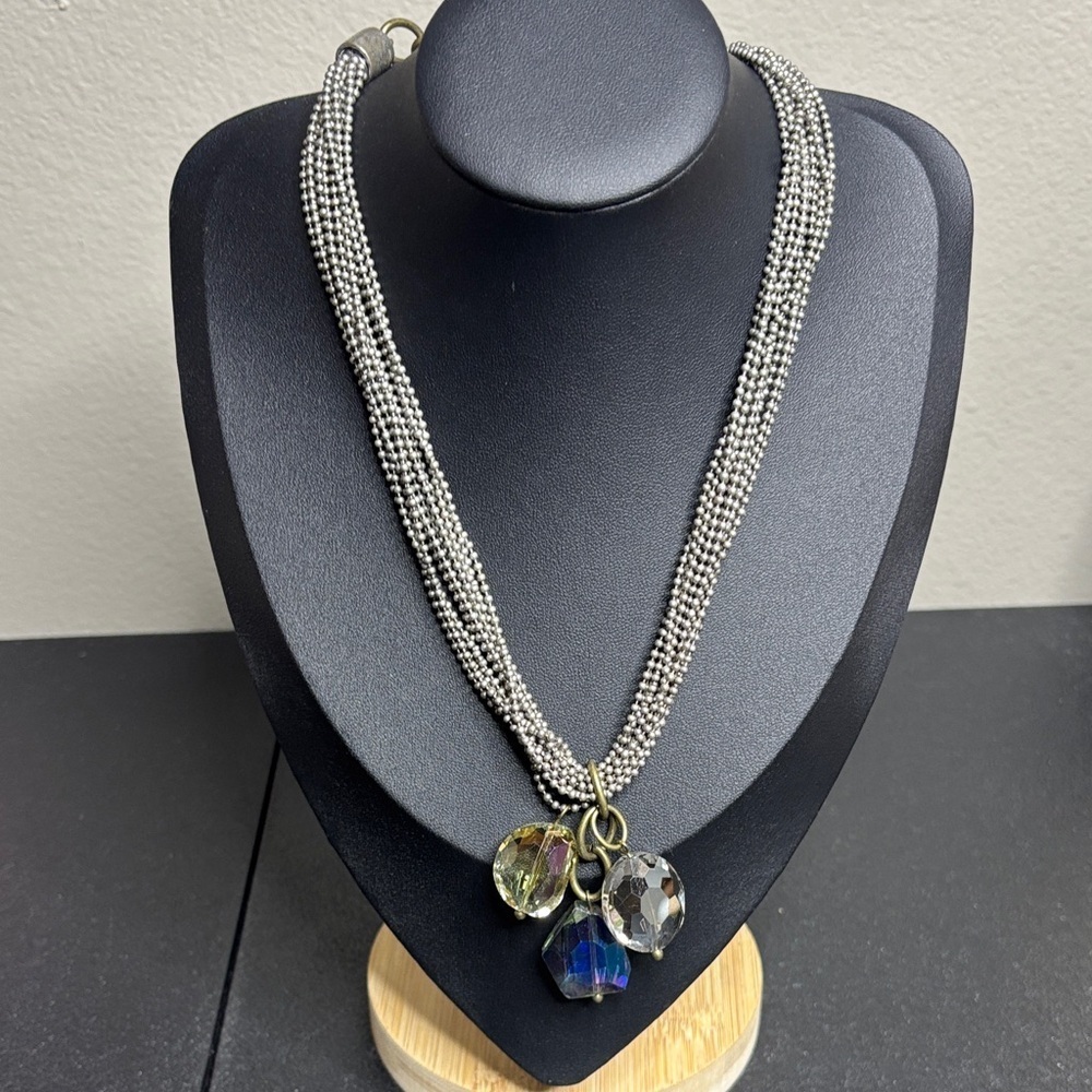 Elegant Silver Multi-Strand Ball Chain Necklace with Crystal Charms
